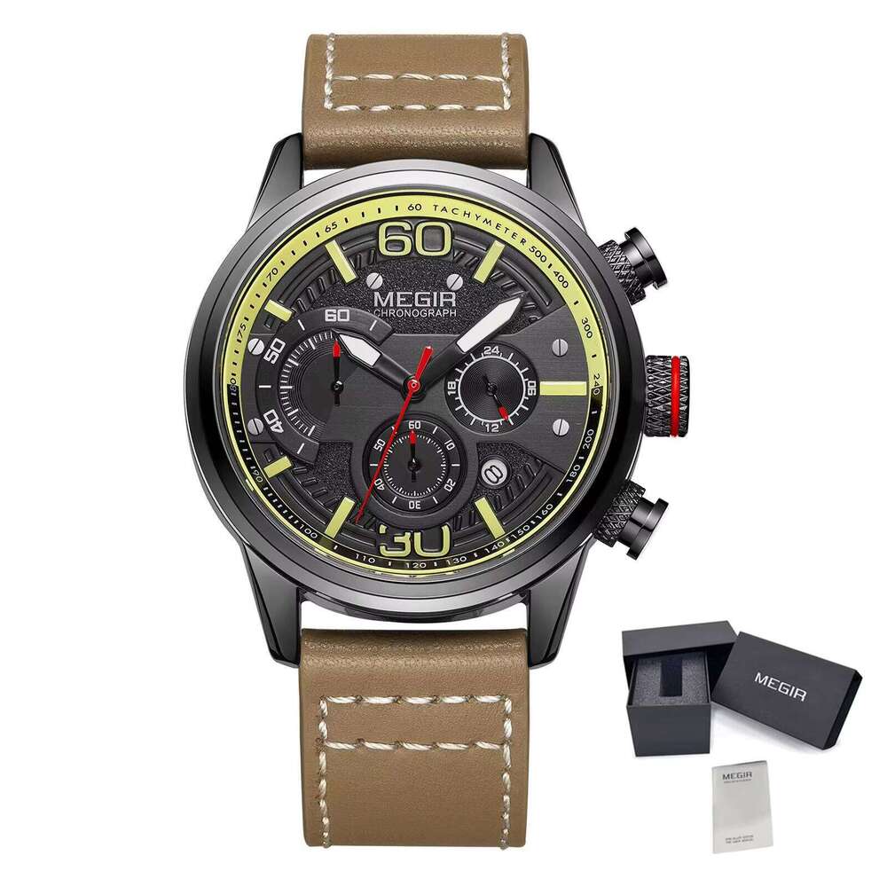 MEGIR Men's Oversized Chronograph Watch - 53mm Genuine Leather, Waterproof, Luminous - Bulk Wholesale Watches