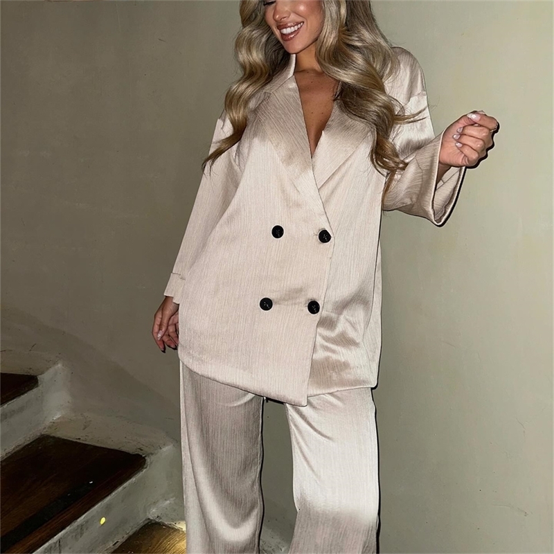 European and American Style 2024 Spring Summer Womens Clothing Wrinkle Effect Double Breasted Suit Jacket Pants Set y250717