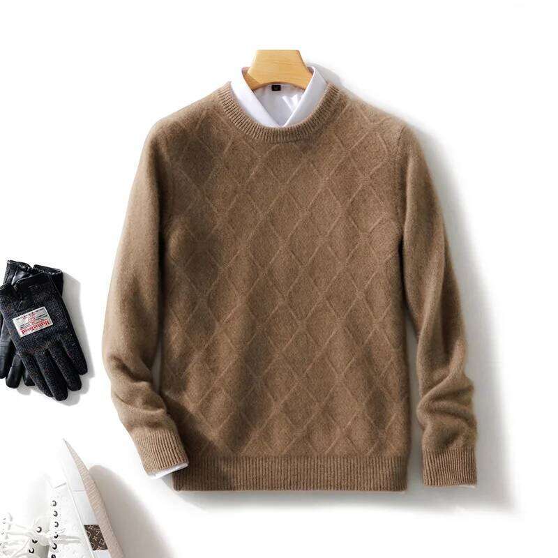 New Men's O-Neck Dia Grid Pullover 100% Pure Cashmere Wool Soft Sweater Autumn Winter Casual Thick Basis Large Size Top