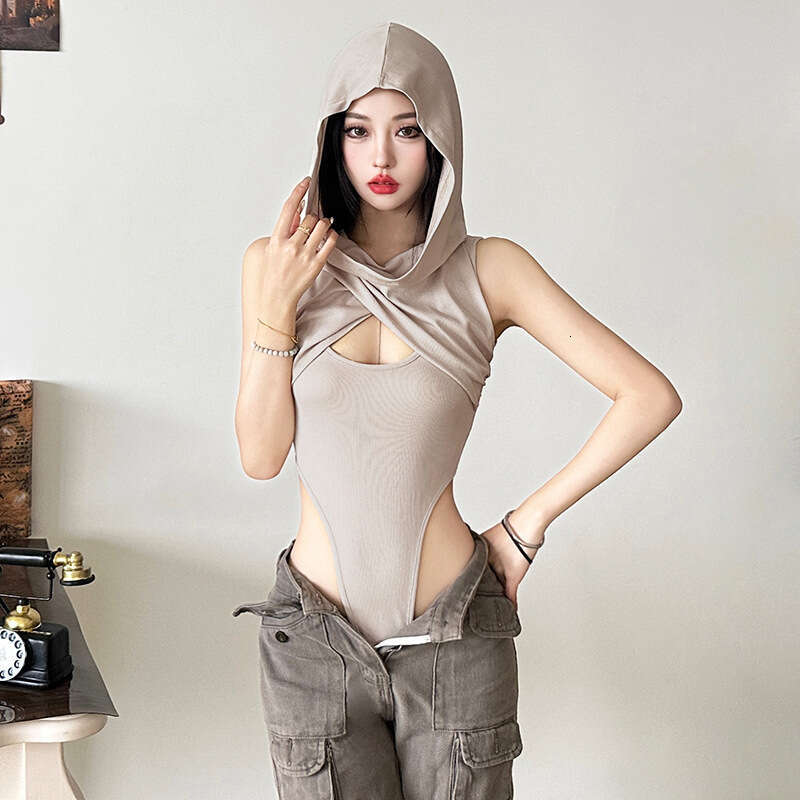 INS2024 Style Autumn Winter New Women's Solid Color Slim Street Fashion Hooded Sleeveless Jumpsuit f24