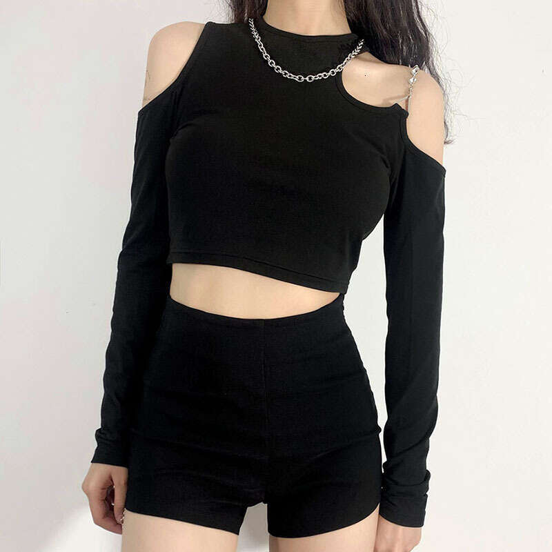 2021 Street Fashion Summer New Women's Slim Fit Sexy Off-Shoulder Long Sleeve Round Neck Short T-Shirt ee9