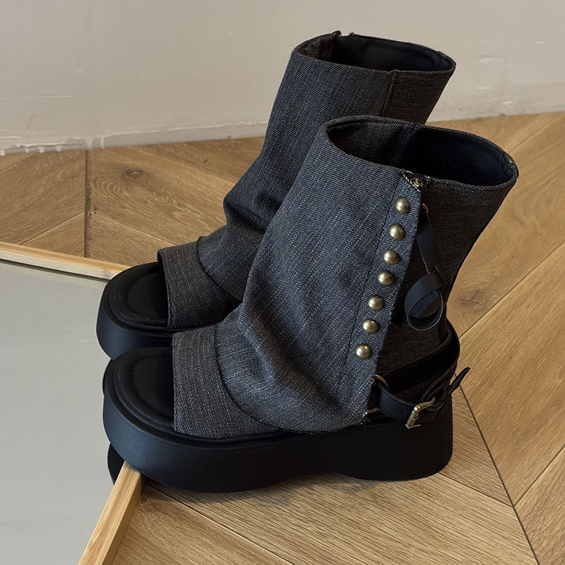 Ddmysports New Denim Studded Open Toe Roman Sandals Thick Soled Platform Tube Slim Boots For Petite Women Outdoor Shoes