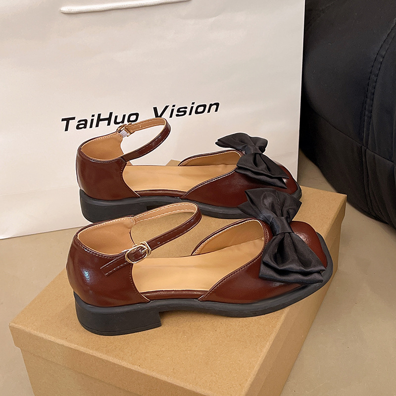 Ddmysports Women S Peep Toe Sandals Summer New Fairy Style Bowknot French Low Heel Square Mary Jane Shoes Outdoor Shoes