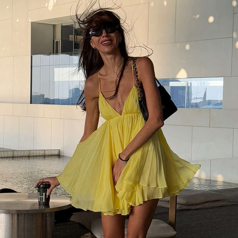 2025 Spring New Women's Solid Color Slim High Waist Fashion V-neck Strap Backless Dress e48