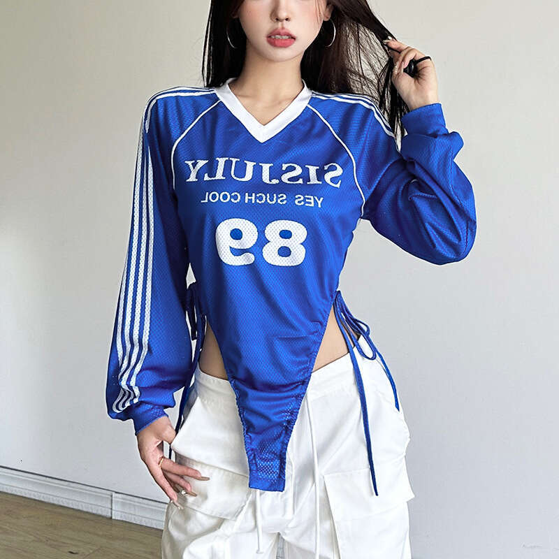 2024 Autumn New Women's Fashion Solid Color Slim Street Style V-Neck Long Sleeve Printed Top a5f