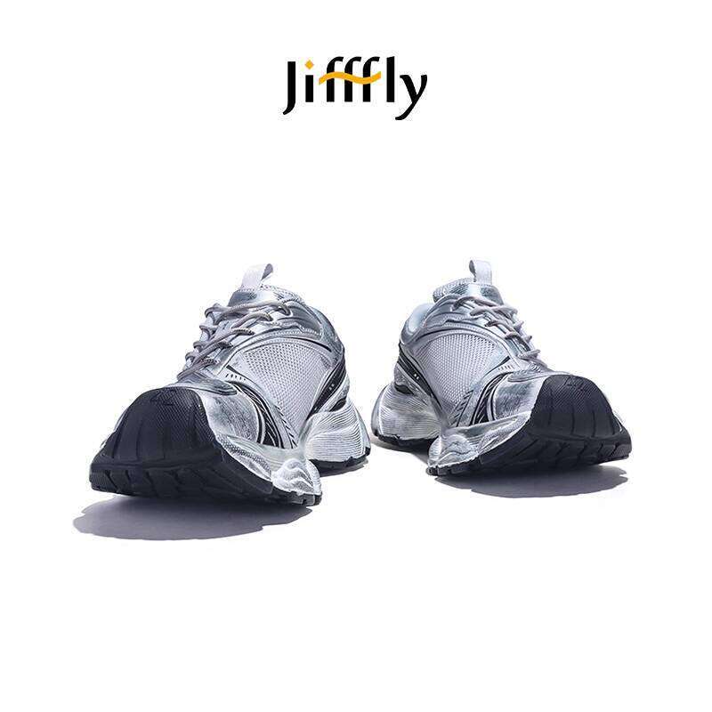 Jiffly Men's Silver Dad Shoes - Retro Sneakers with Thick Sole for Height Boost