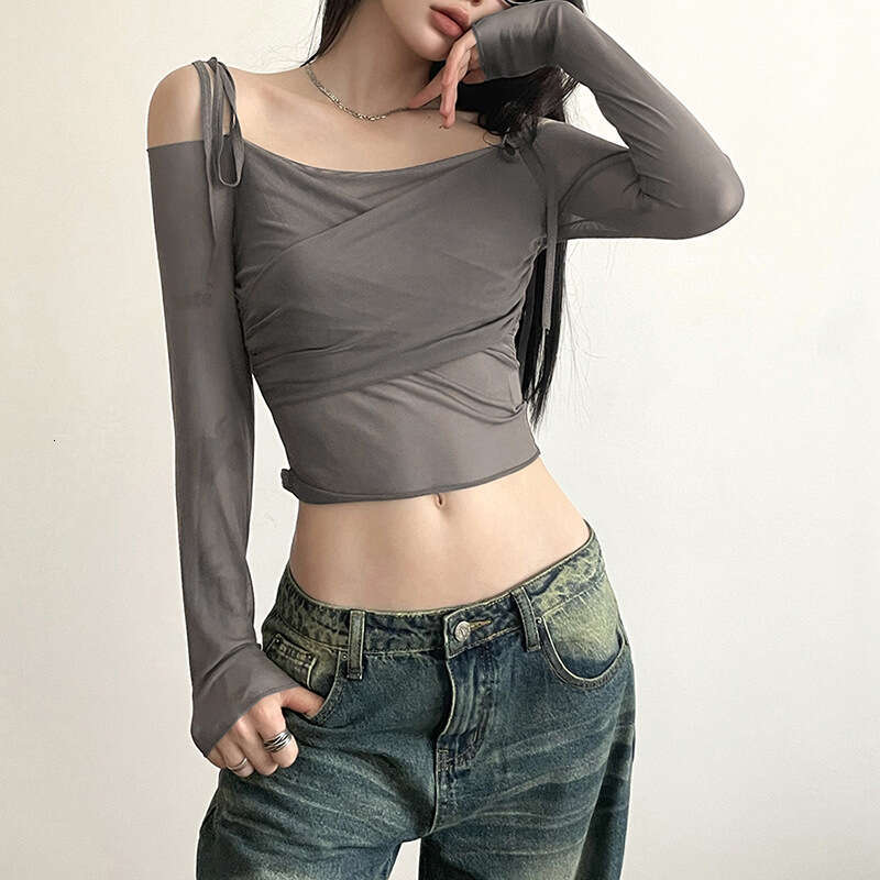 2023 Summer New Women's Solid Color Slim Fit Crop Top Street Fashion Off-Shoulder Long Sleeve T-Shirt b04