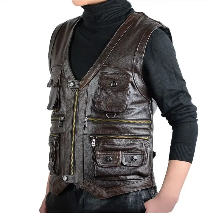 Cowhide Genuine Leather Vest Men Brown Waistcoat Male Sleeveless Jacket Thick High Quality Motorcycle Multi Pocket Zipper 250725