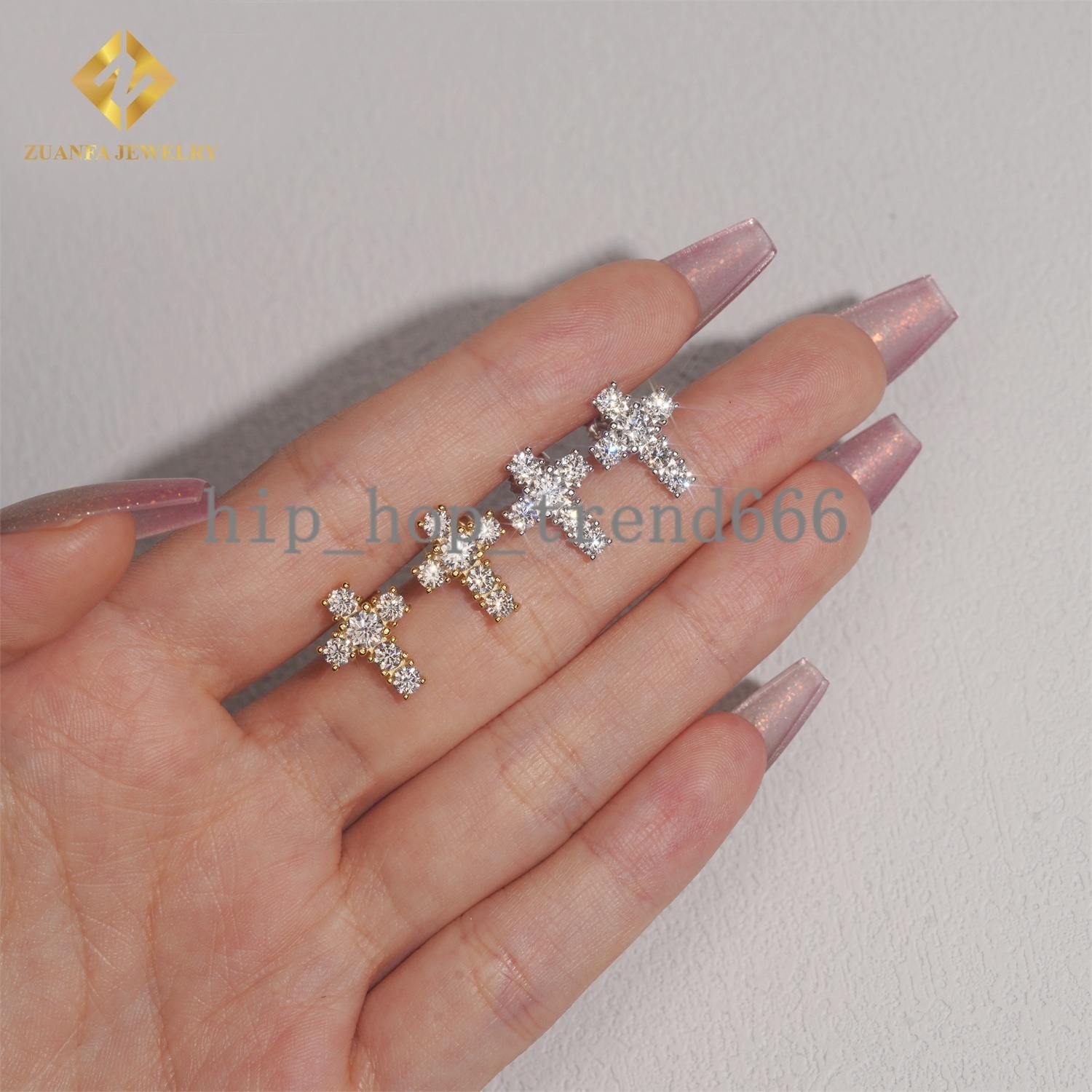 Bulk Drop Iced Out Hip Hop Cross Stud Earrings with Sterling Silver 925 Screw Backs and Moissanite Diamonds