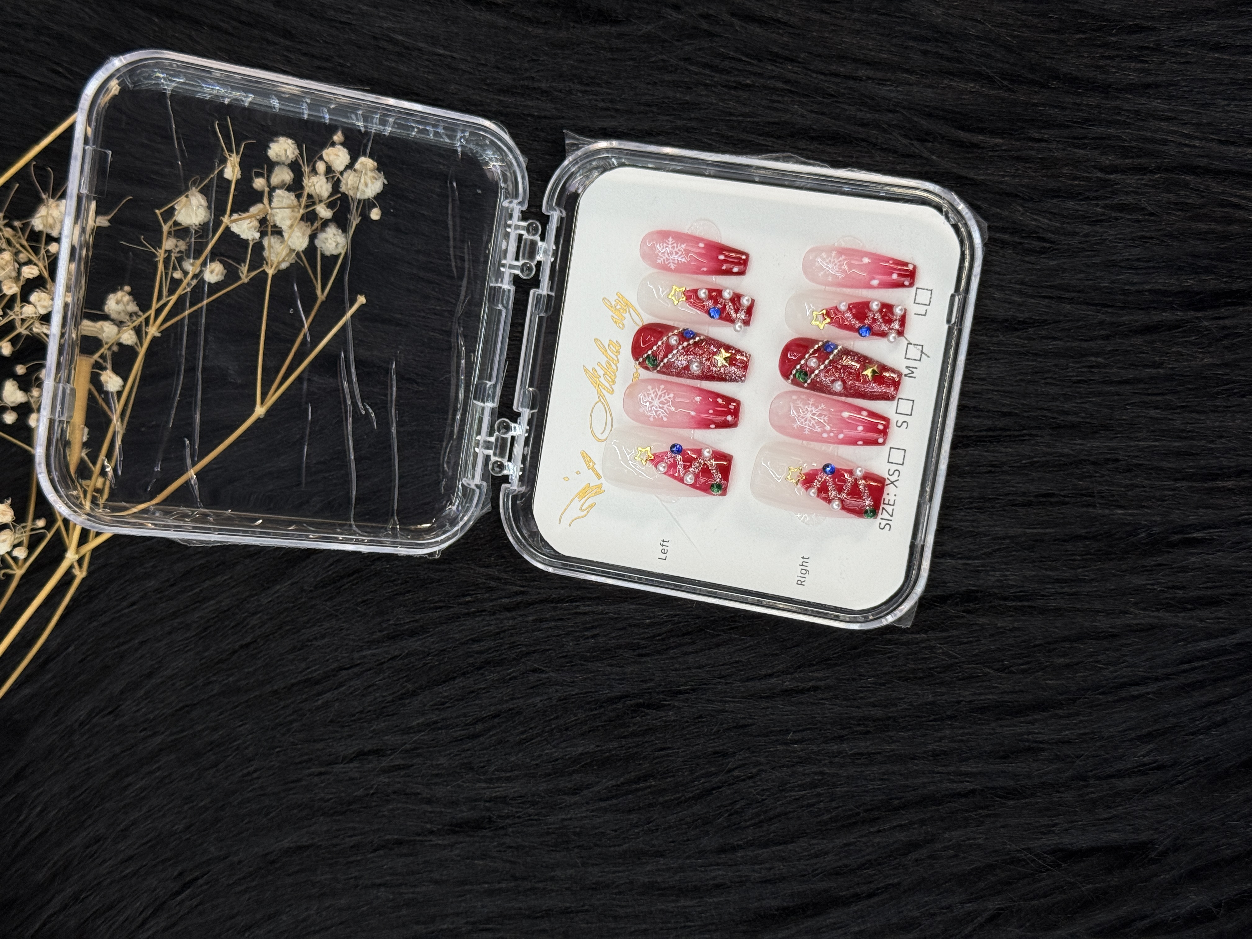 Christmas-themed Gradient Red Rhinestone-accented Press - on Nails