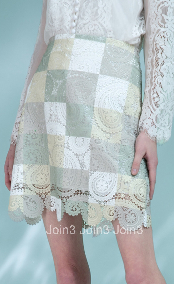 Summer New High Waist A-Line Skirt Versatile Elegant Short Skirt Plaid Lace Half Skirt 1017