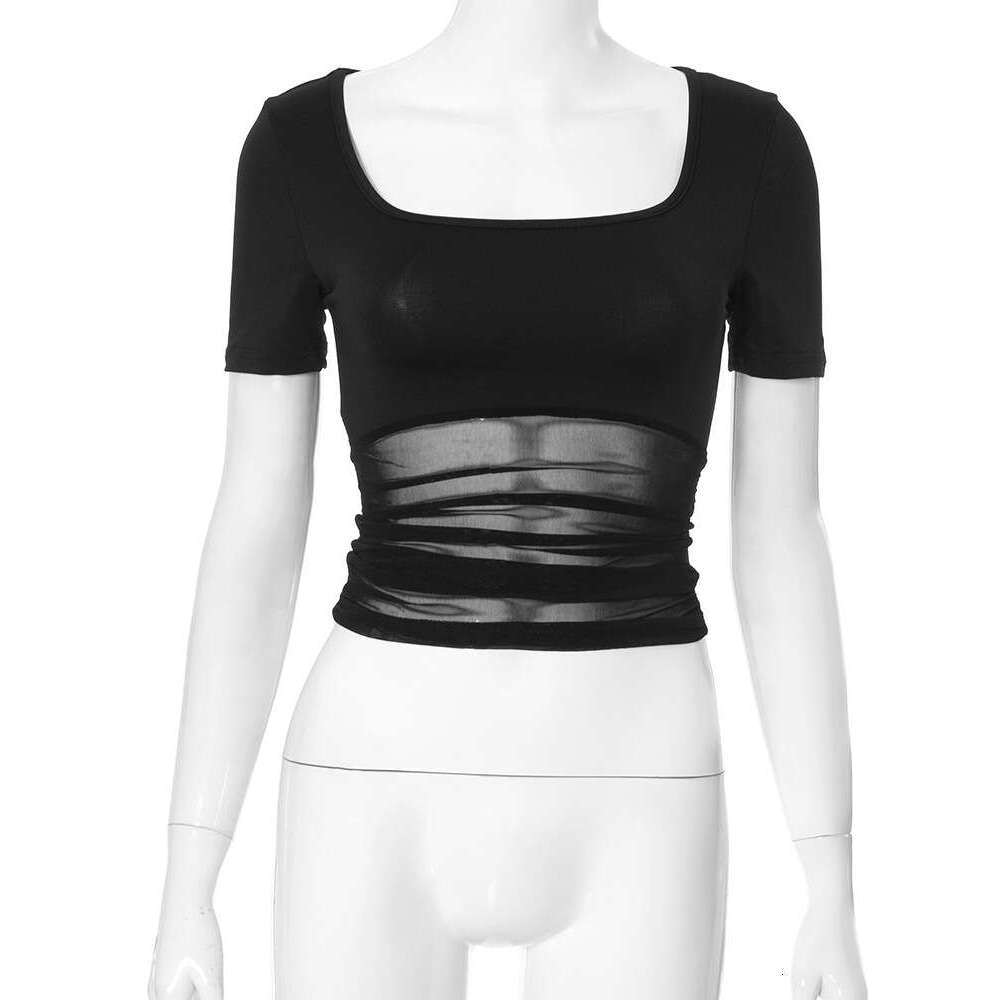 Qtp322 Women's Summer New Solid Color Square Neck Short Sleeve Patchwork Sexy T-Shirt Top For Women B5