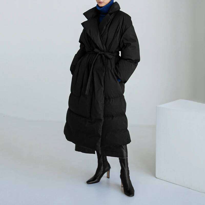 Winter New Stand Collar Jackets Loose Belt Long Sleeve Coat Fashion Solid Cotton Padded Warm Down Overcoat Women
