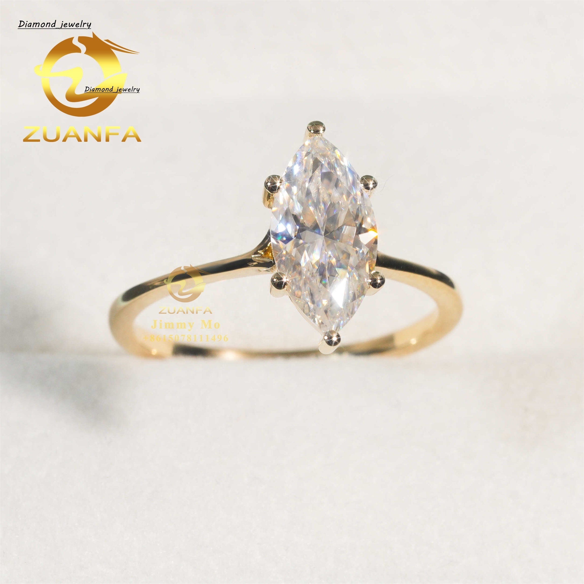 14k Yellow Gold 6*12mm 2ct Marquise Moissanite Diamond Engagement Wedding Solitaire Ring Women With GRA Certificate