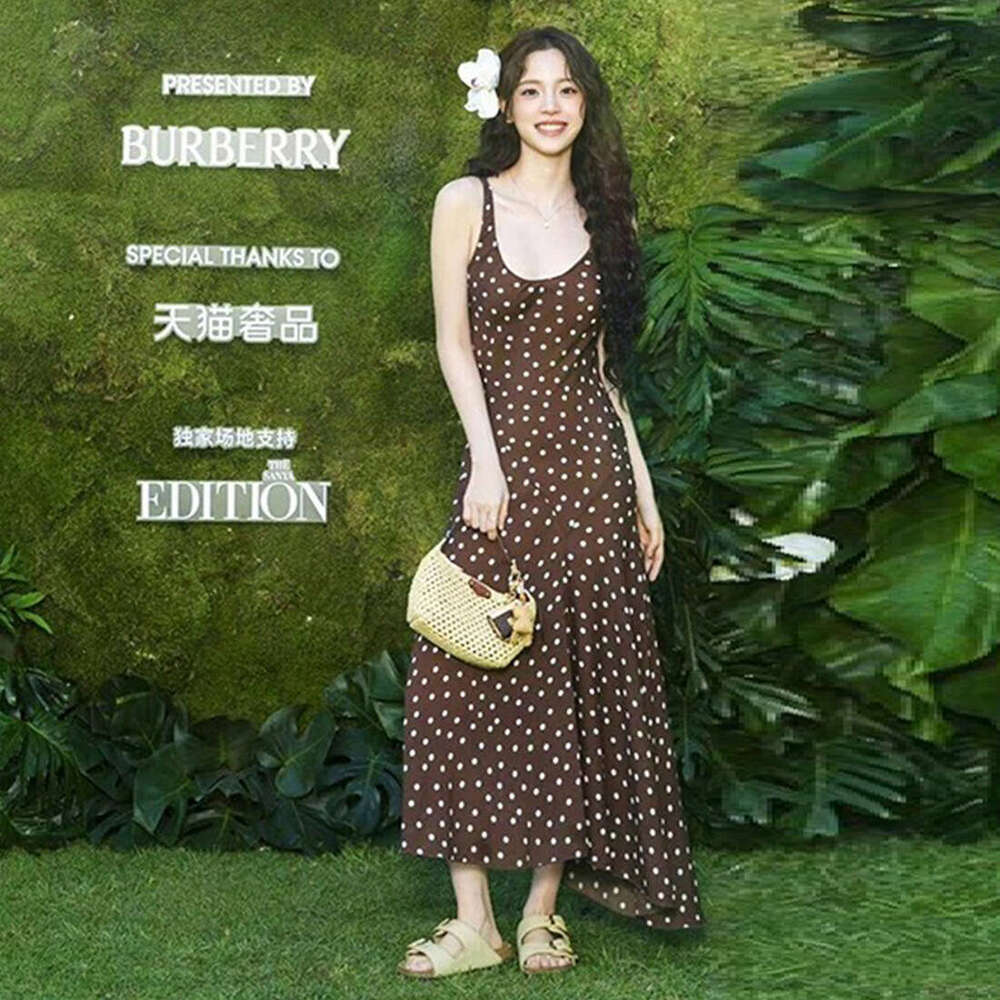 2025 Summer New Vacation Style Polka Dot Slim Fit Elegant Strap V-Neck Long Dress f81