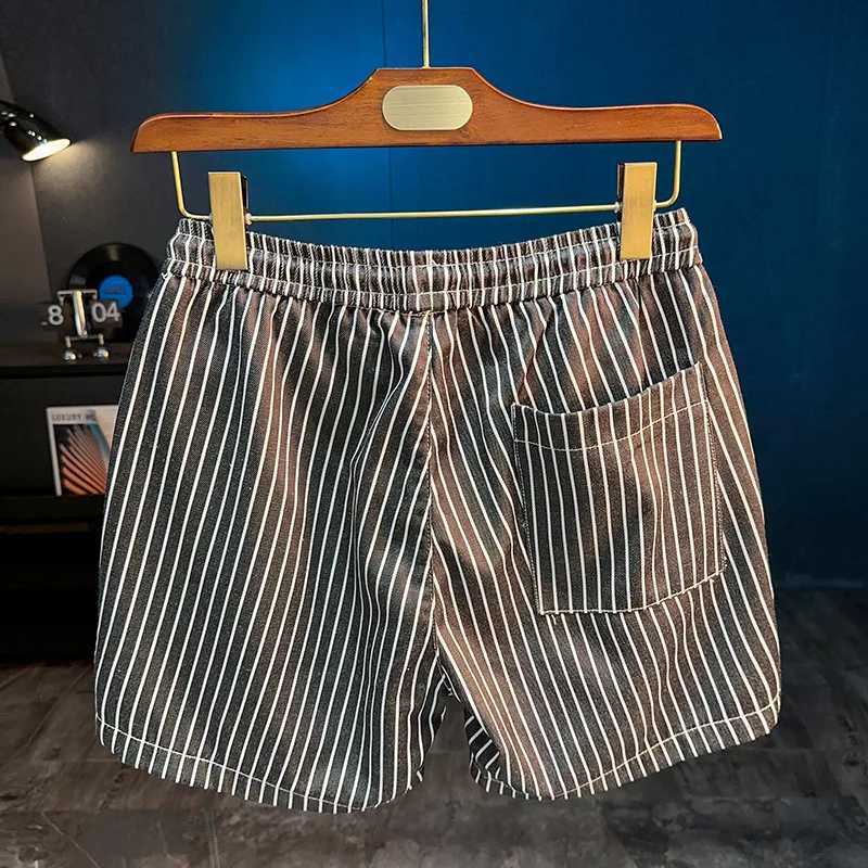 2025 Summer New Striped Quarter Pants Mens Casual Slimming Straight Tube Ice Feel Drawstring Beach Shorts W250724