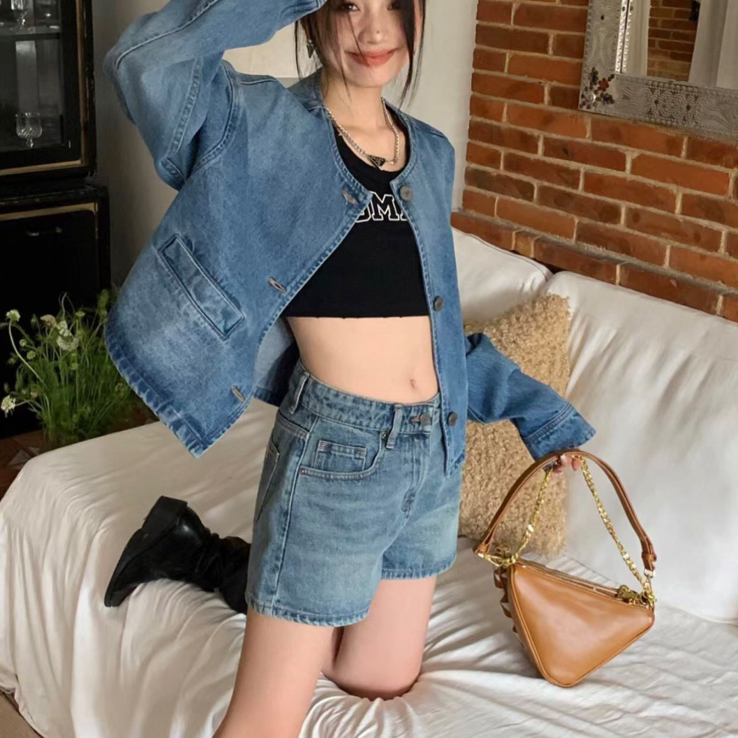 0410x7~Fashion Simple Soft Versatile Slimming Washed Round Neck Short Denim Jacket for Women 250724