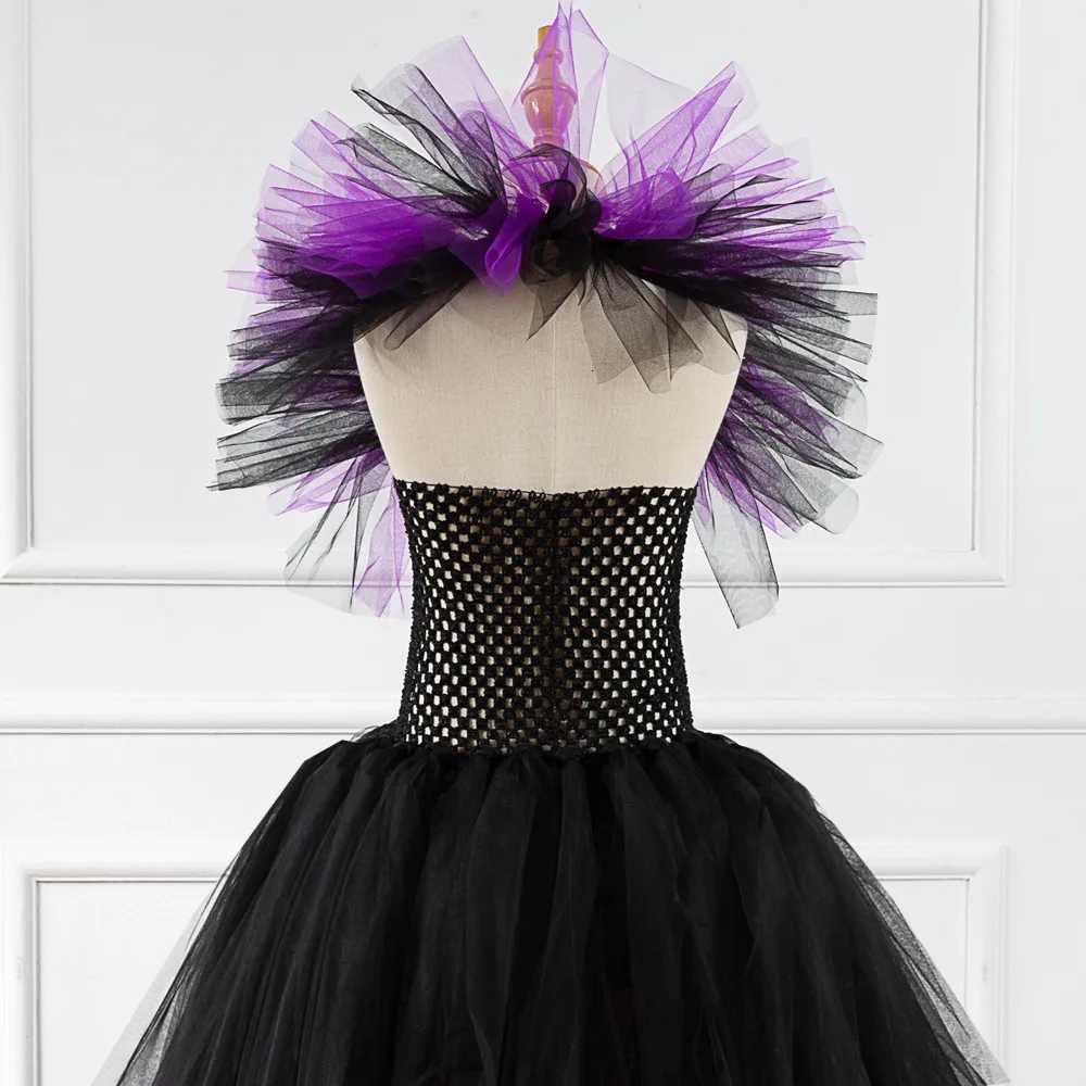 Girls Cosplay Evil Queen Costume Kids Halloween Witch Dress Handmade Knitted Tulle Tutu Ruffles Floor Length Princess Hat Outfit Z250725