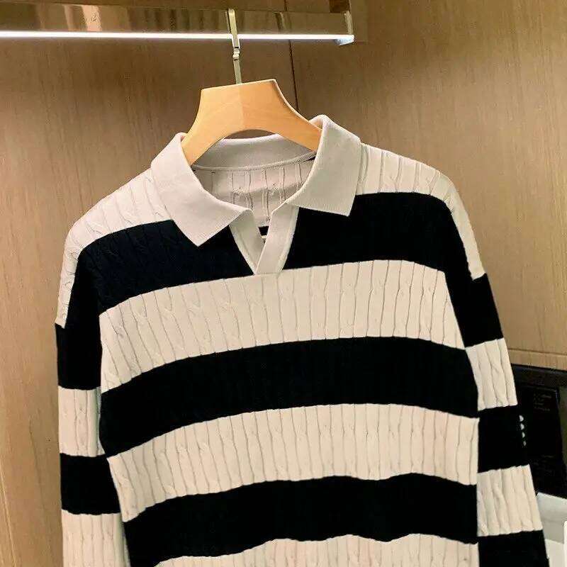 Autumn Winter Men Knitted Polo Striped Turn-Down Collar Shirts Twisted Weaven Patchworked Tops Outwear