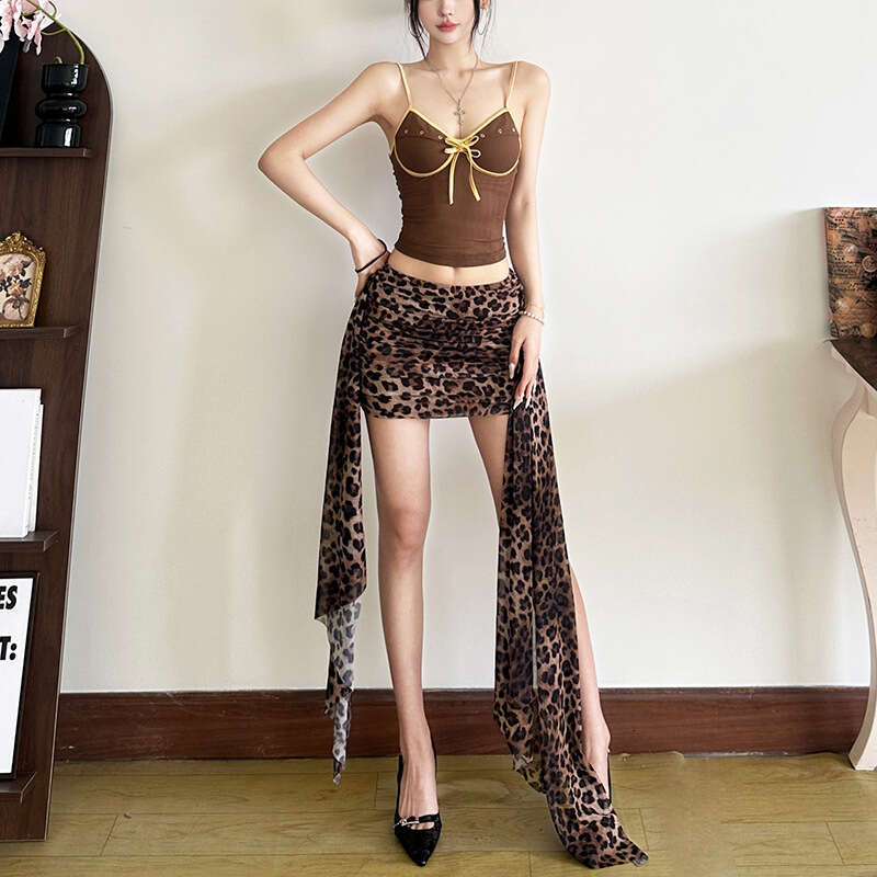 2025 Spring New Women's Fashion Solid Color Slim Street Style Low Waist Slimming Leopard Print Midi Skirt ced