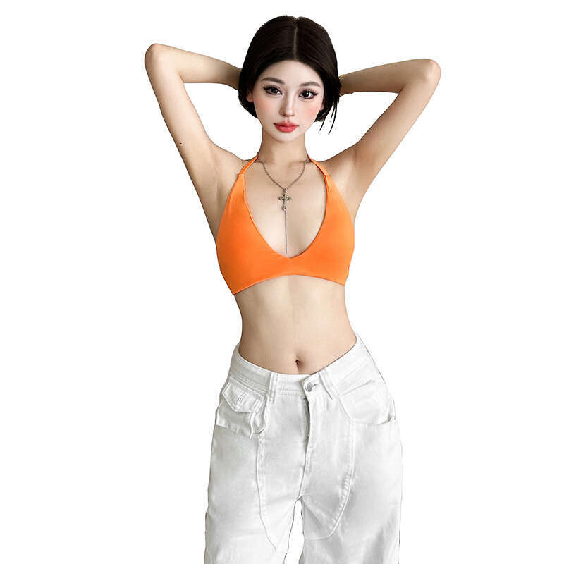 2025 Summer New High-Waisted Hollow Out Halter Neck Tie Solid Color Sexy Hot Girl Tube Top d3d