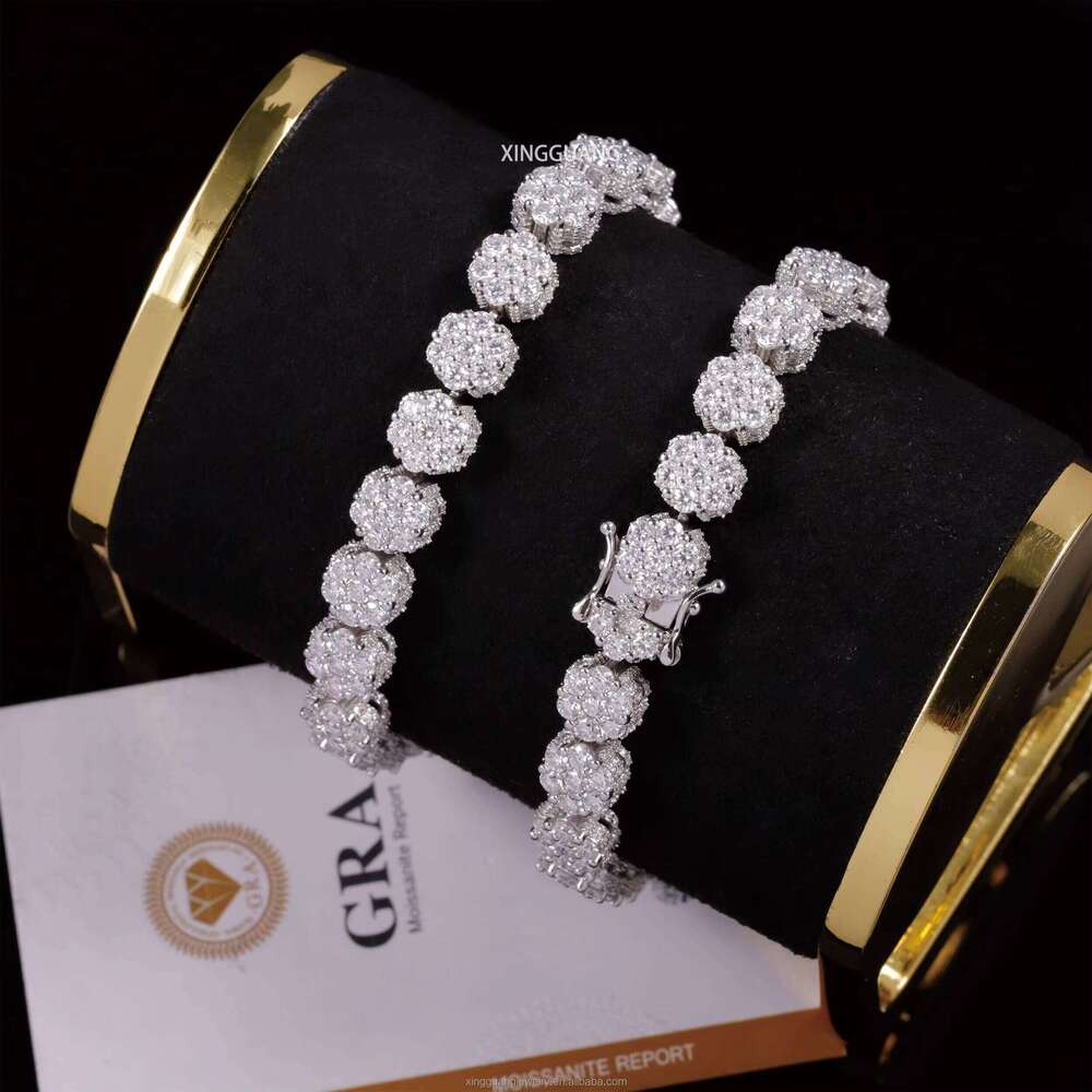 100% Pass Tester Flower Design Dia Solid Sier Hip Hop For Men Women VVS Moissanite Cuban Bracelet
