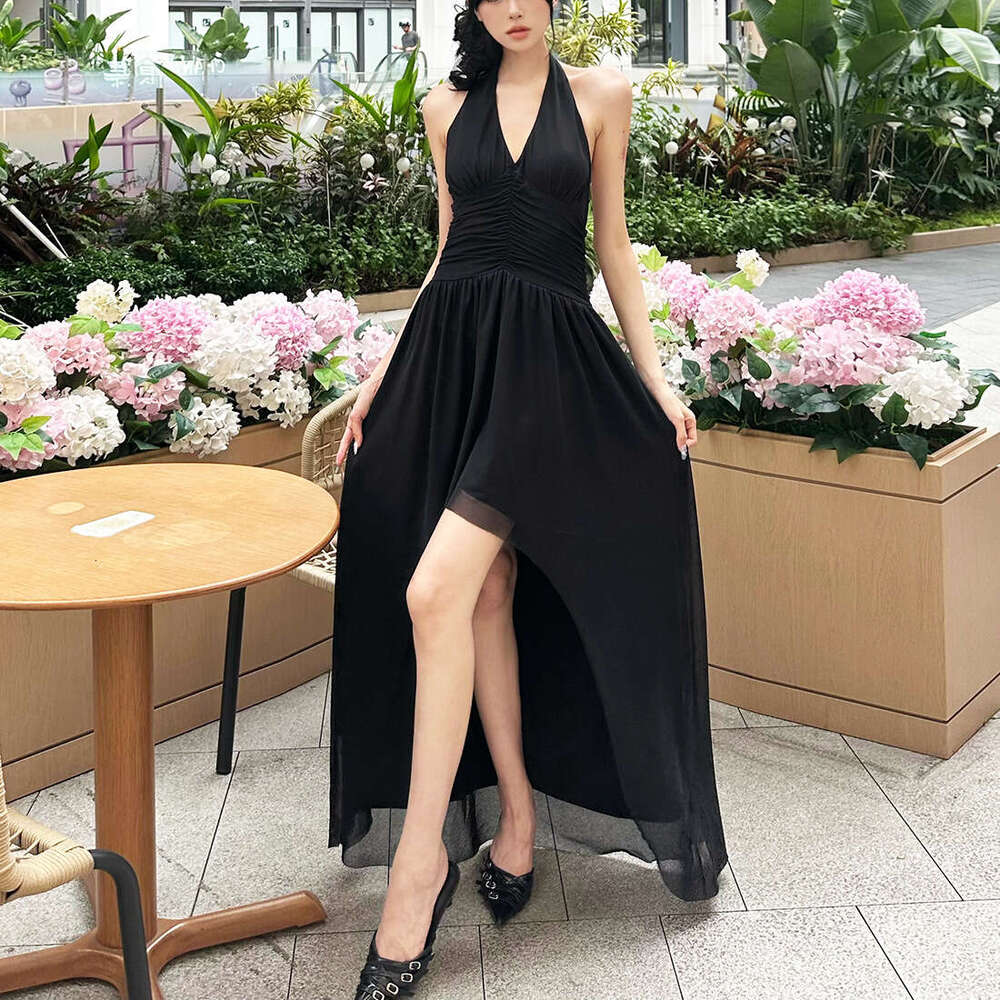 2025 Summer New Fashion Sexy Slim V-Neck Hot Girl Solid Color Halter Neck Slit Dress 2f1