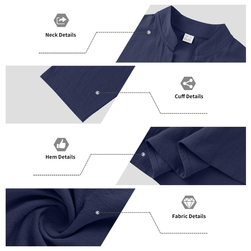 Men's linen shirt stand collar buckle loose casual breathable V-neck Henry shirt long sleeved T-shirt men European size: S-3XL