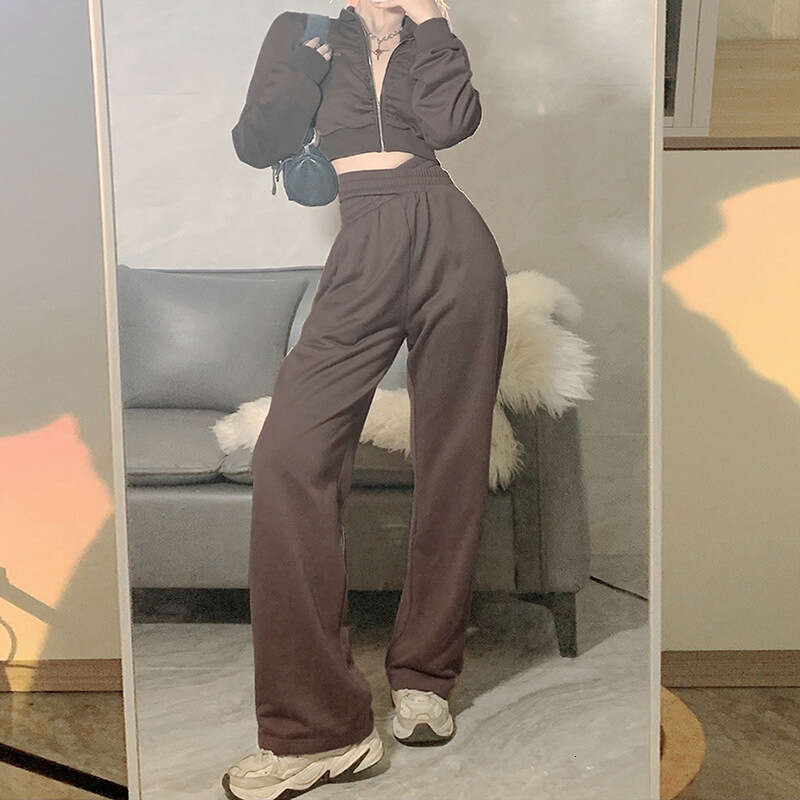 2021 Autumn New Women's Fashion Crop Top Zipper Jacket High Waist Casual Straight Pants Set 716
