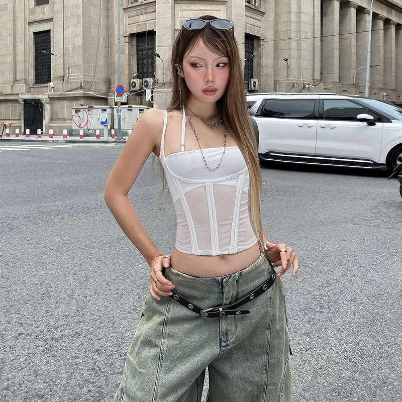 2025 Summer New Solid Color Slim Street Fashion Camisole Mesh Sexy Backless Vest Women's Clothing 742