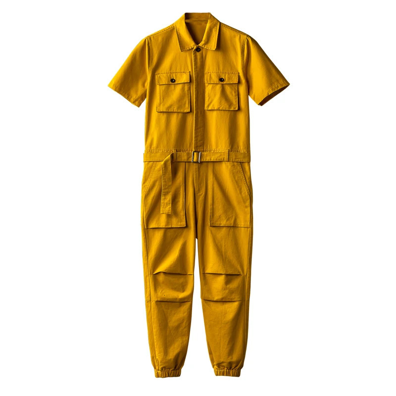 Summer Overalls Men Jumpsuit Cotton Lapel Short Sleeves Hip Hop Street wear Black Yellow Pants Loose Leisure Trousers rompers 250725