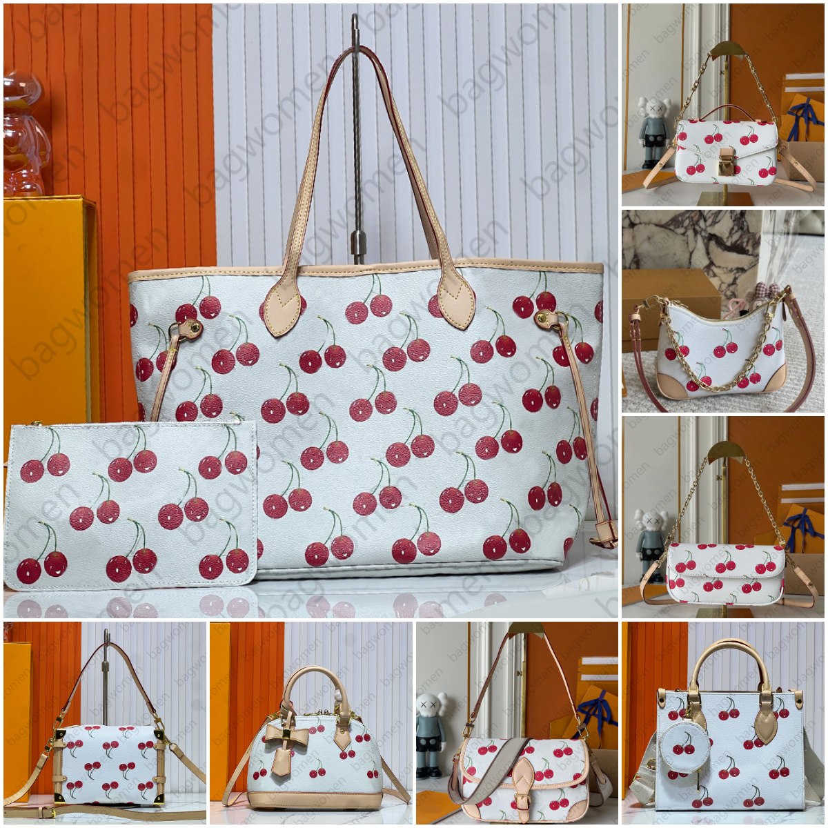 Luxury Designer Bag Shoulder Bag Murakami Cherry Crossbody Bag Blossom Tote Bag Women Underarm Bag Mini Chain Purse Embossed Bag Cherry Decoration Cowhide Leather