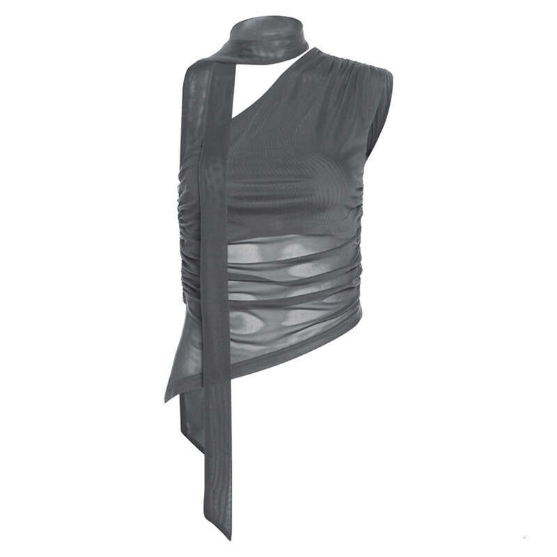 2024 Summer New Women's Solid Color Slim Street Fashion Asymmetrical Neck Mesh Sleeveless Top 009