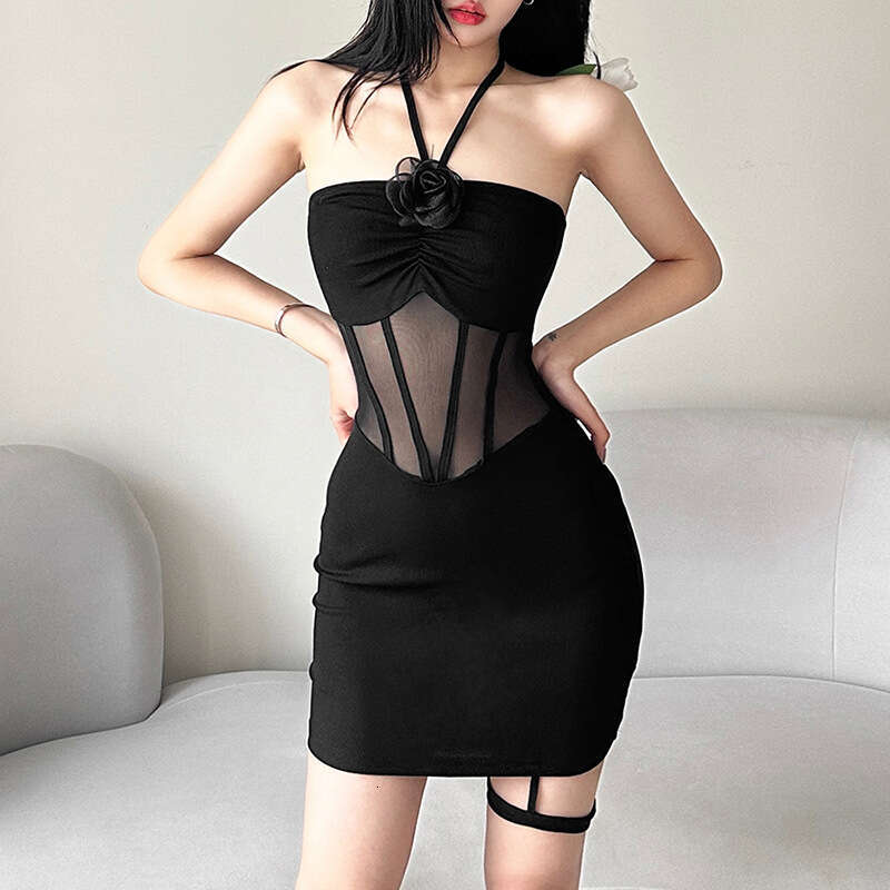 2023 Summer New Women's Solid Color Slim High Waist Fashion Off-Shoulder Halter Dress d60