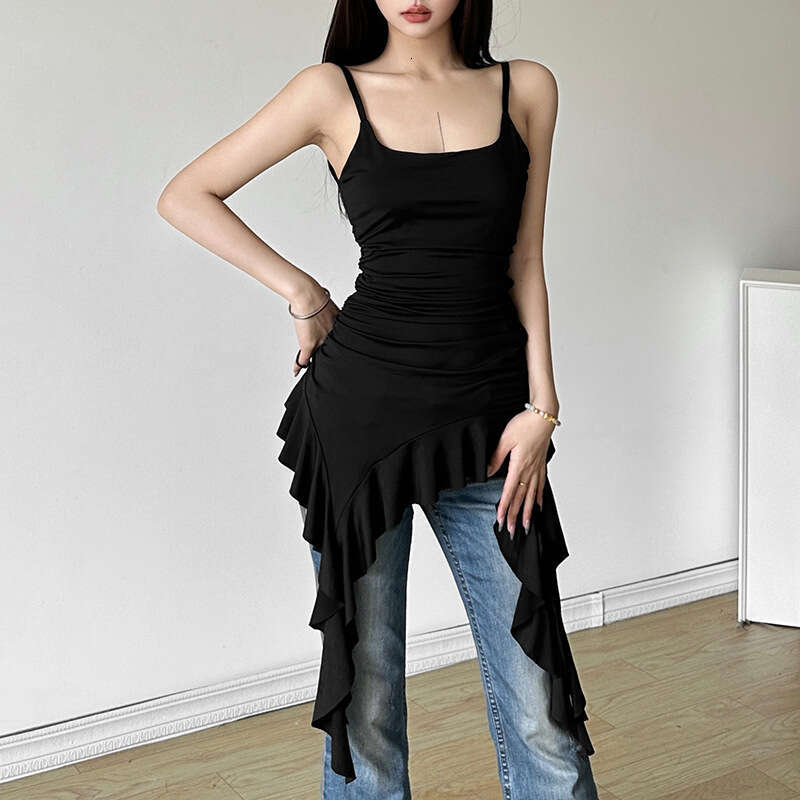 2024 Summer New Women's Solid Color Sexy Strap Irregular Long Vest 315