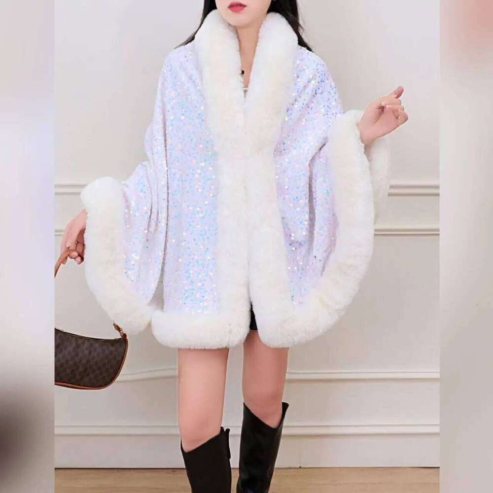 Designer Clothing 2025 12 Colors Women Long Faux Rabbit Fur Sequin Fabric Cape Winter Poncho Warm Thick Loose Shawl Outer Wear Wedding Party Wraps