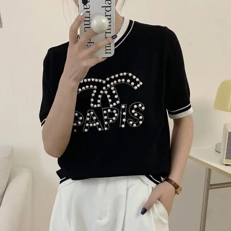 Summer Letter Pearl Embroidery T-shirt Women Vintage Fashion Sweet Casual Loose Tops Thin Breathable Pullovers 250724