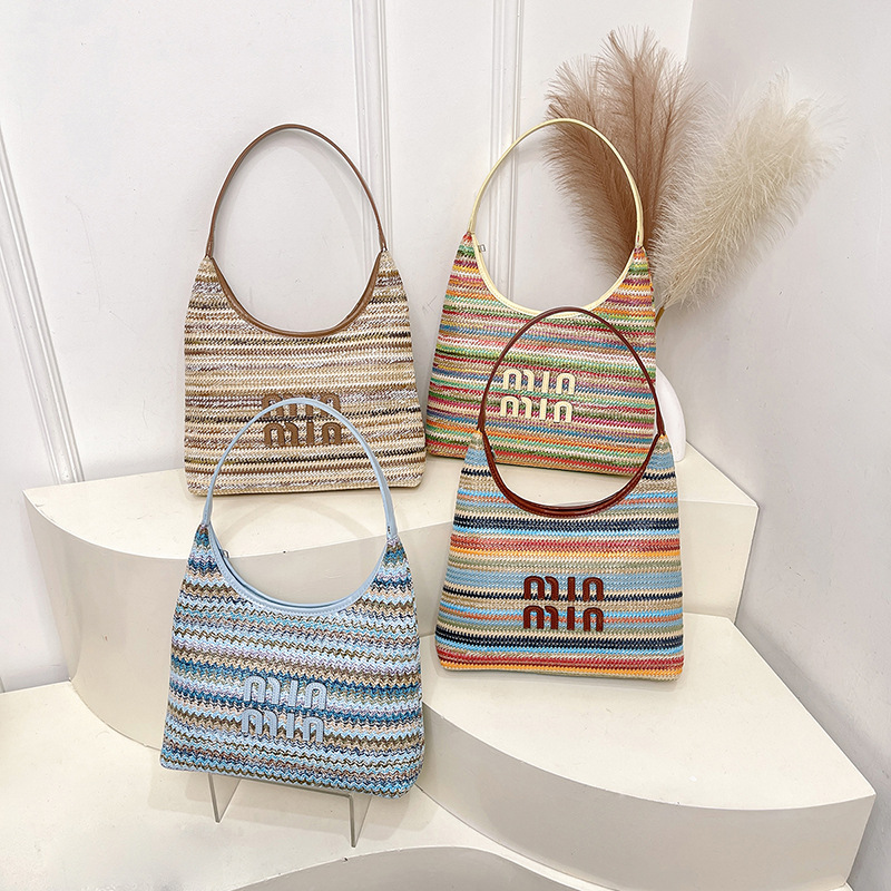 New Popular Womens Bag Multicolored Straw Tote Shoulder Bag Spacious Beach Vacation Purse