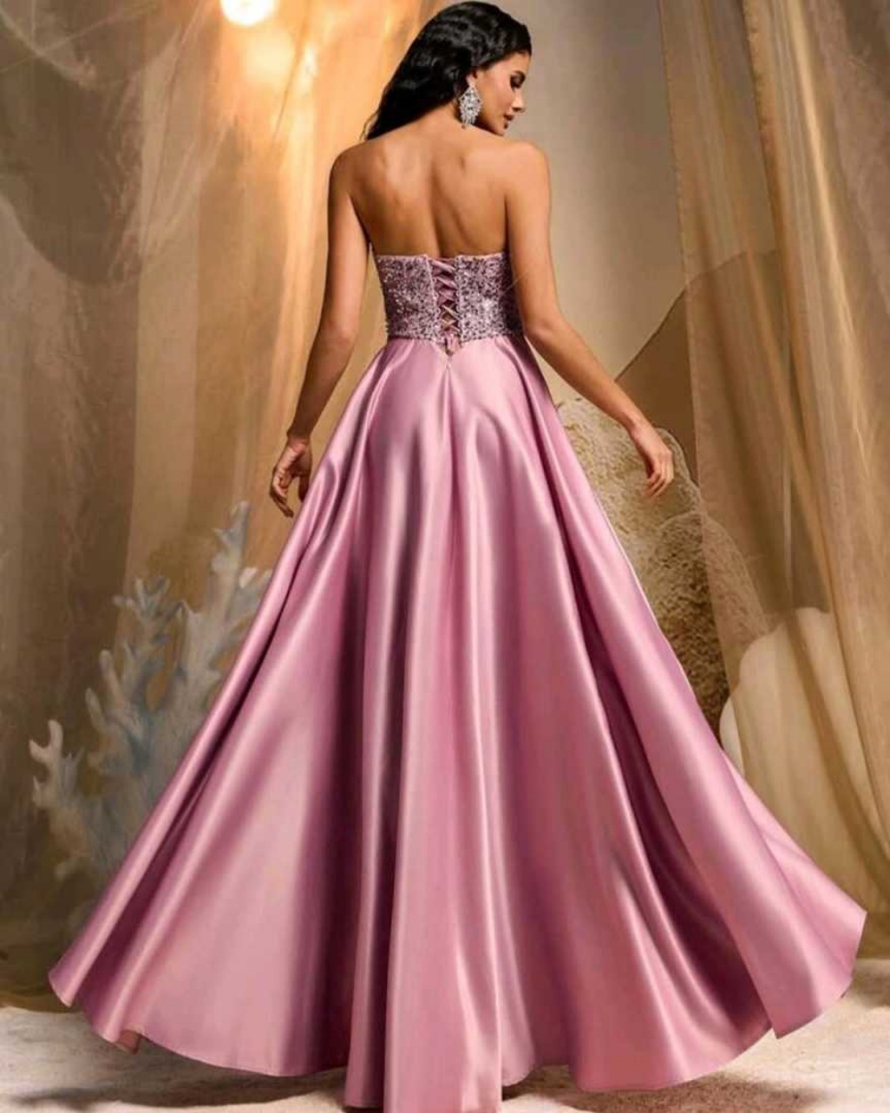 Luxury Satin Evening Dress Strapless Sleeveless Delicate Flowers Crystal Prom Dresses Special Occasion Gowns Customized