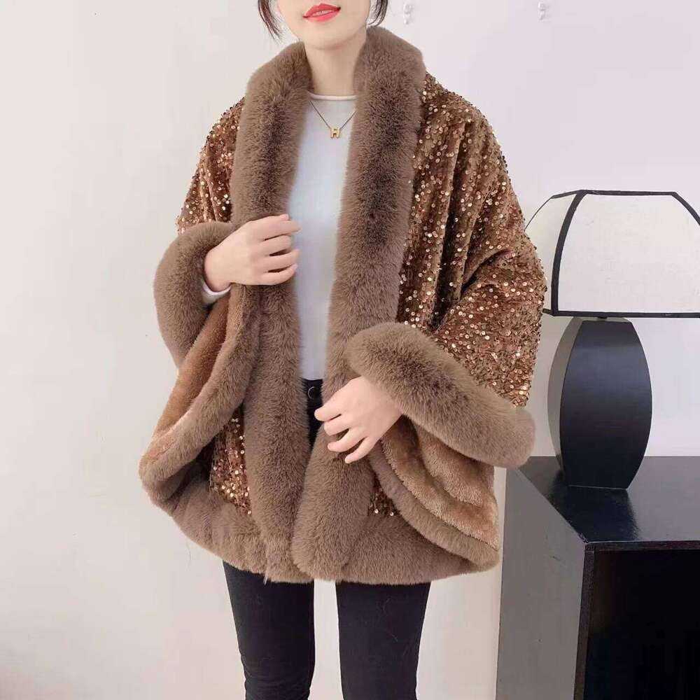 Designer Clothing 2025 12 Colors Women Long Faux Rabbit Fur Sequin Fabric Cape Winter Poncho Warm Thick Loose Shawl Outer Wear Wedding Party Wraps