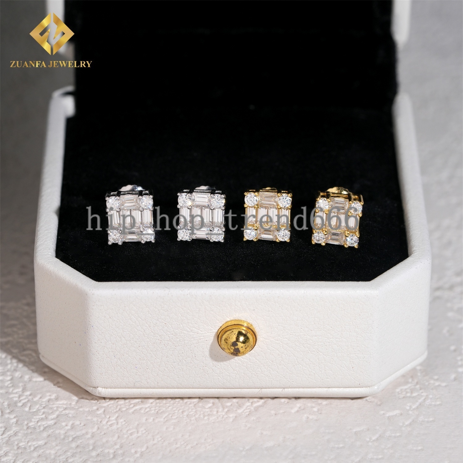 Full Paved Iced Out Emerald Cut Moissanite Earrings 925 Sterling Silver VVS Moissanite Hip Hop Stud Earrings