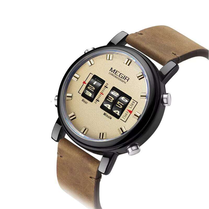 DHgargets MEGIR Men's Roller Watch - Unique Digital Display, 30M Waterproof, Leather Strap, Fashion Wristwatch