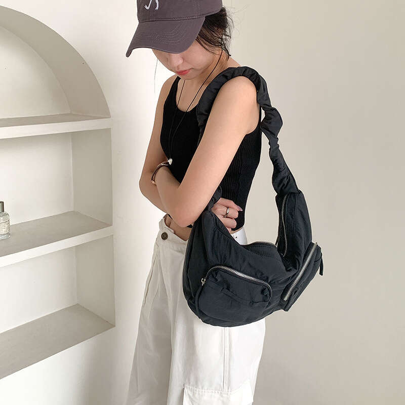 2025 Summer New Pleated Nylon Fabric Solid Color Single Shoulder Niche Lotus Leaf Drawstring Casual Versatile Crossbody Bag for Women
