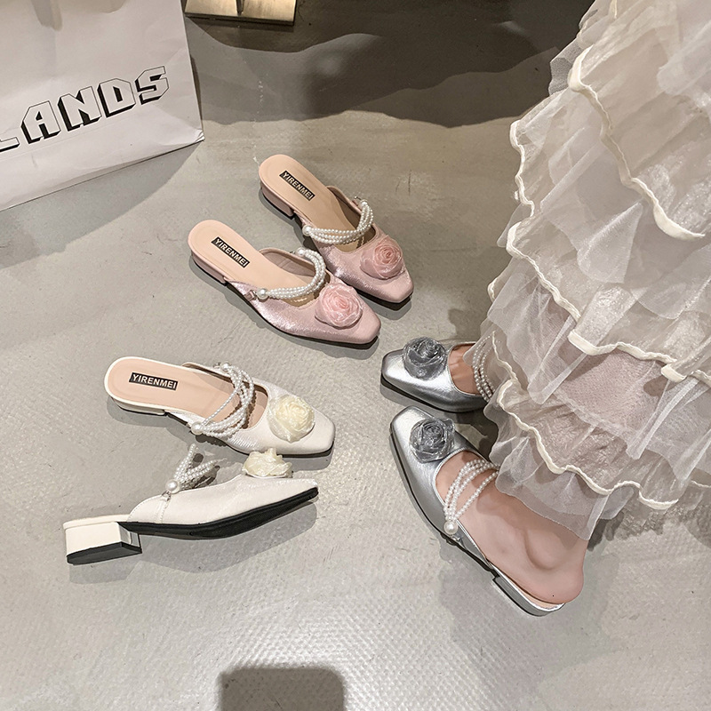 Ddmysports Fairy Style Flower Pearl Sandals For Women Summer Fashion Slip On Closed Toe Outdoor Lightweight Chunky Heel Slippers Outdoor Shoes