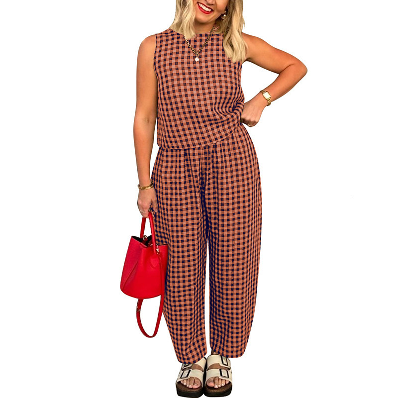 2025 Womens TK New Solid Color Plaid Loose Casual Sleeveless Vest and Long Pants Set