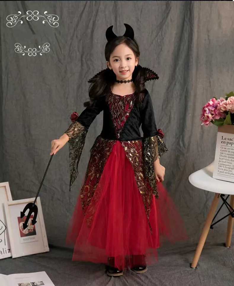 2025 Halloween Festive Par Gothic Red Mesh Long Sleeve Cute Horror Vampire Princess Dress Girl Role Playing Costume Set Z250725