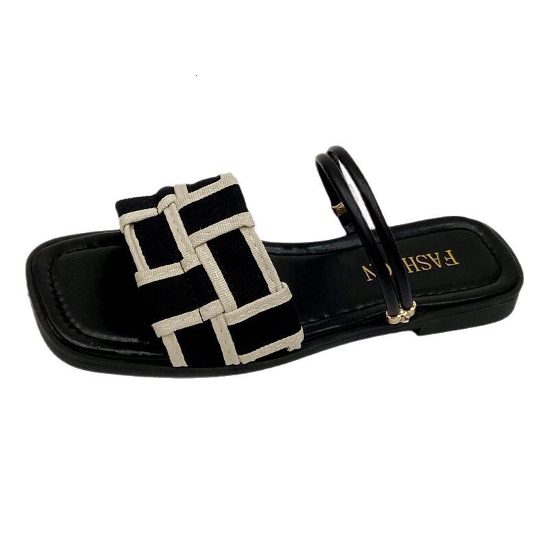 Ddmysports Square Toe Plaid Two Way For Women Outdoor Wear Summer New Korean Style Open Flat Simple Beach Sandals Outdoor Shoes