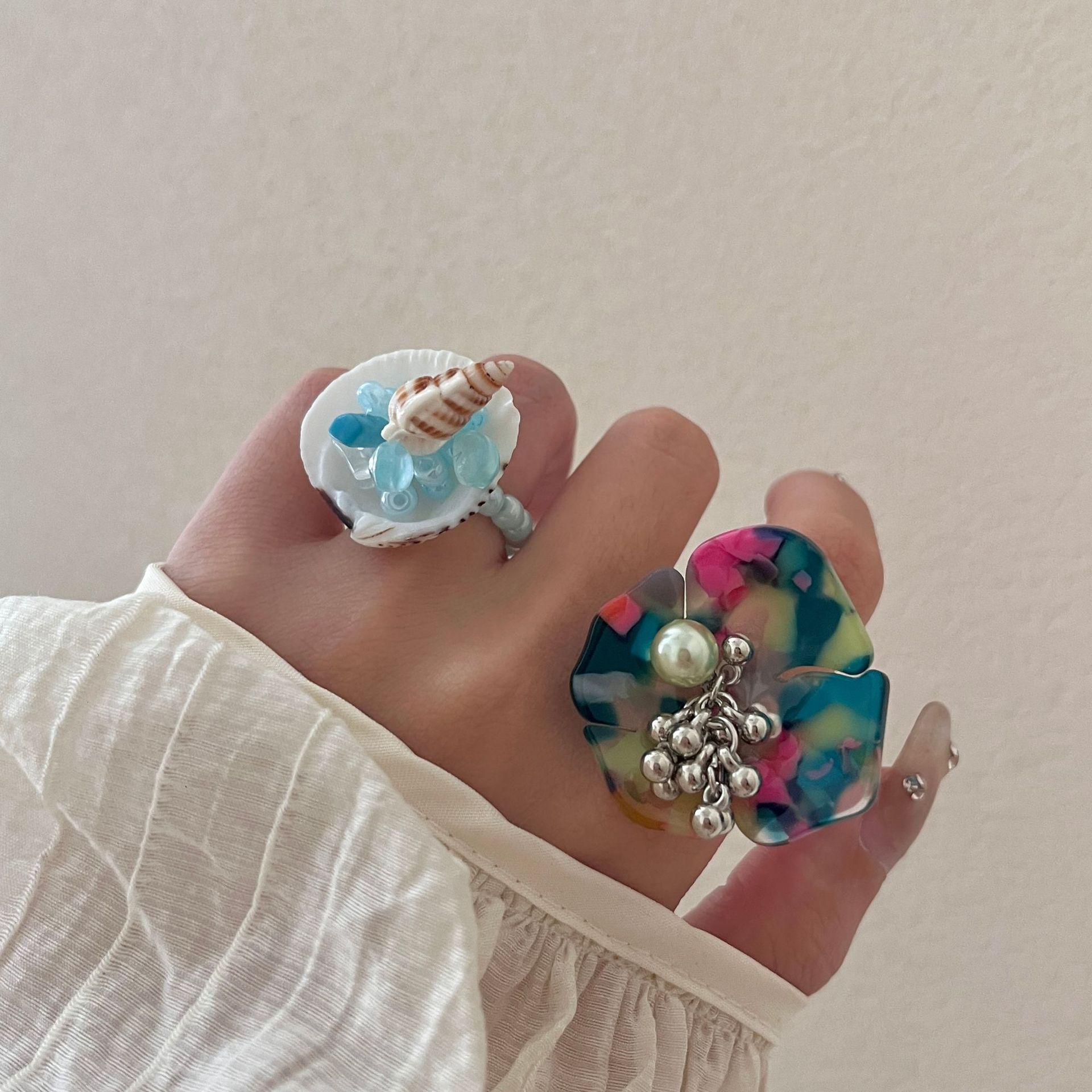 New Chinese Style Designer Jewelry Punk Spring Series Flower Cuban Chain Necklace Handmade Beaded Elastic Rope Shell Luxury Jewelry Sweet Cool Ring