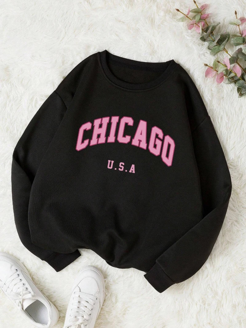 Casual Women Sweatshirts Chicago USA Letter Prints Pullover Fashion Crewneck Oversize Hoodie Fleece Warm Female Autumn Clothes 250725