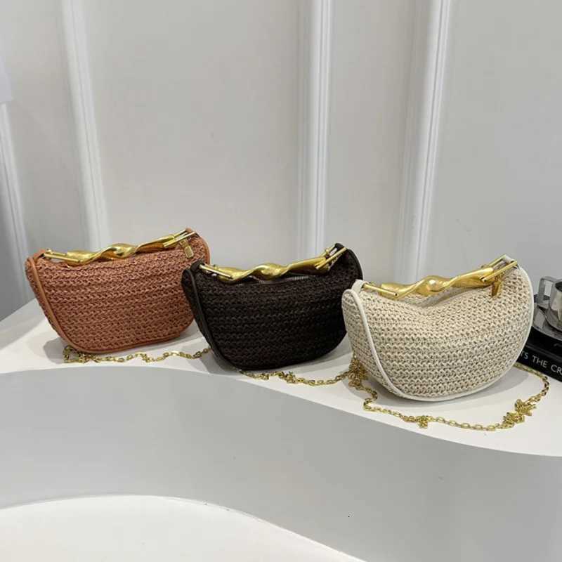 2025 Str Woven Bag Chain Gold Handle Str Cluh Purse Large Capacity Stylish Crossbody Bag Solid Color for Summer Beach Y250725